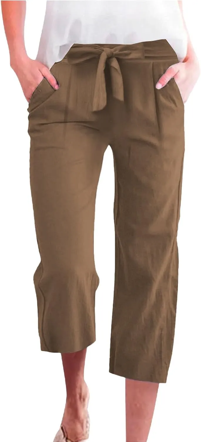Linen Capri Pants for Women Belt Elastic Waist Plus Size Cropped Wide Leg Pants Loose Crop Beach Pants with Pockets