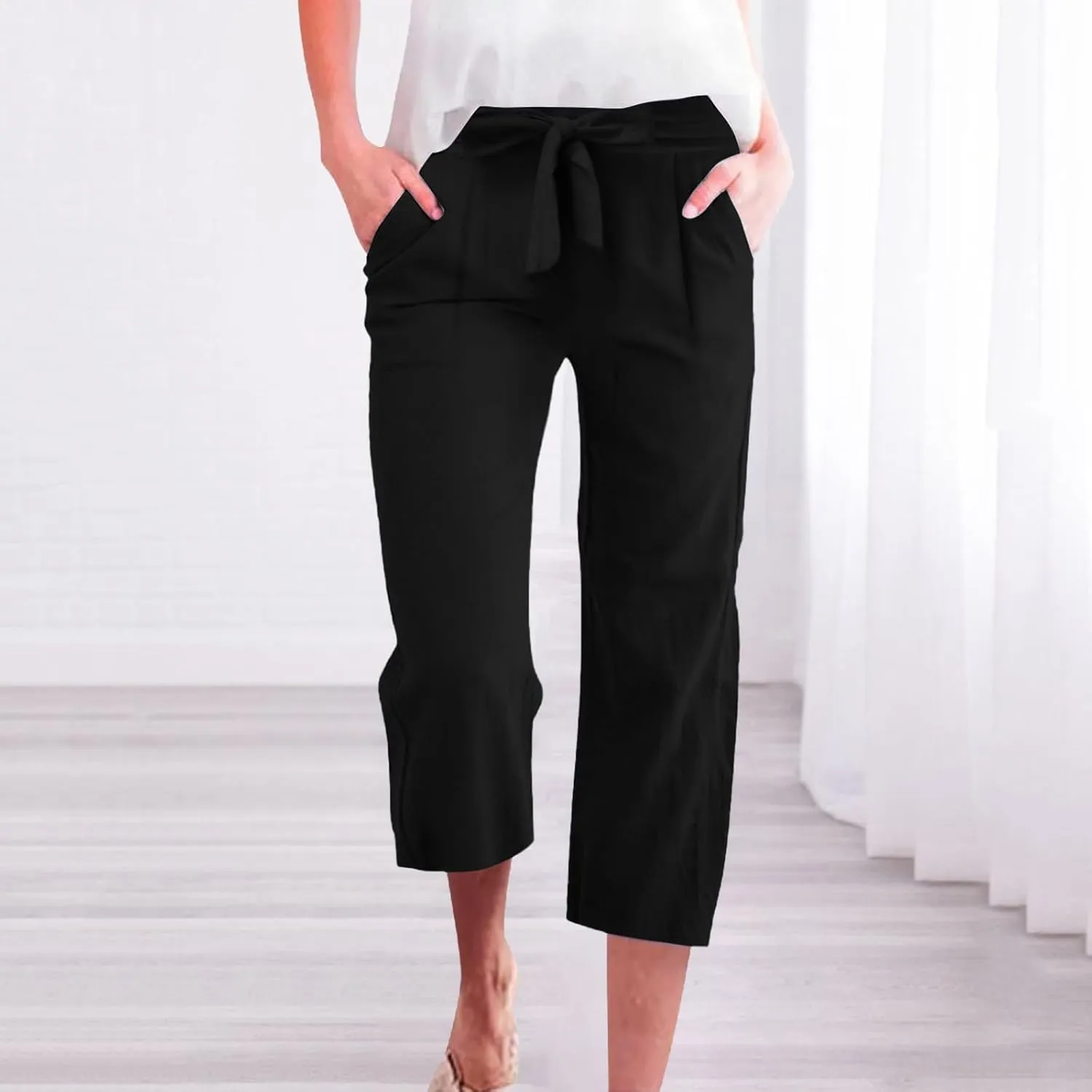 Linen Capri Pants for Women Belt Elastic Waist Plus Size Cropped Wide Leg Pants Loose Crop Beach Pants with Pockets