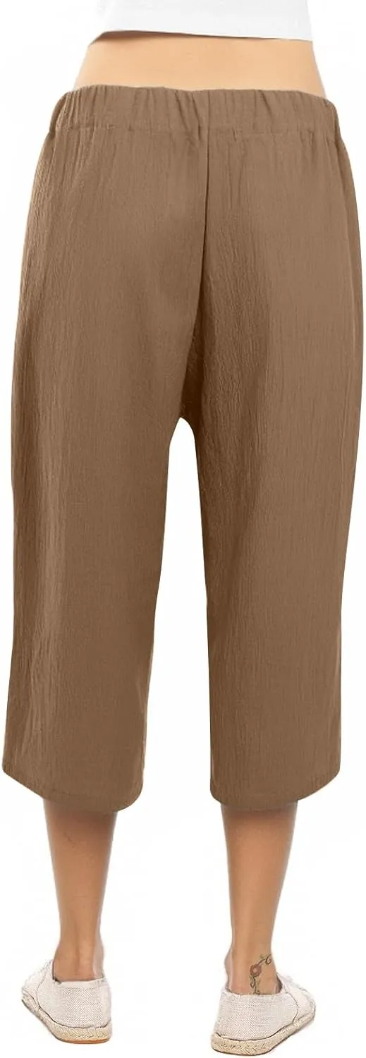 Linen Capri Pants for Women Belt Elastic Waist Plus Size Cropped Wide Leg Pants Loose Crop Beach Pants with Pockets