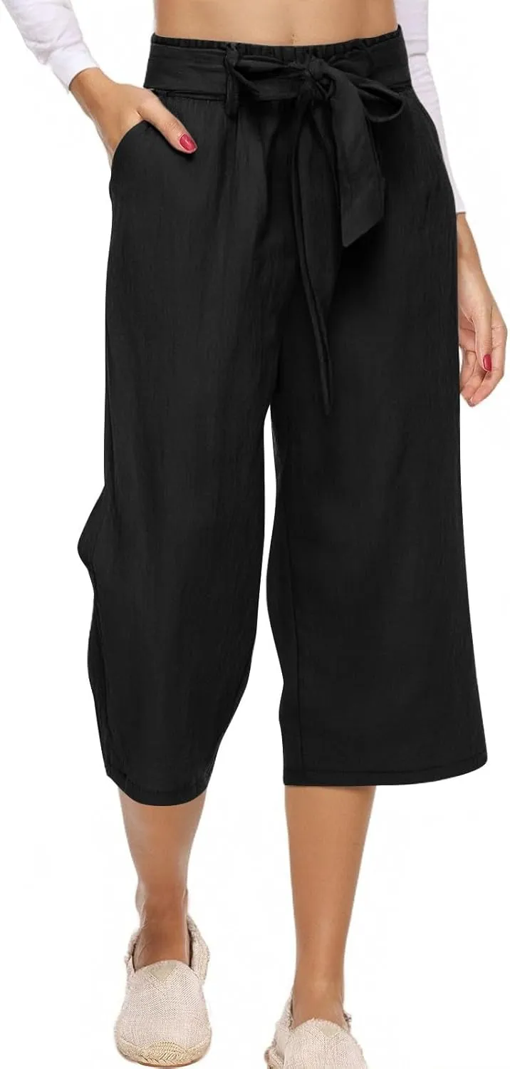 Linen Capri Pants for Women Belt Elastic Waist Plus Size Cropped Wide Leg Pants Loose Crop Beach Pants with Pockets
