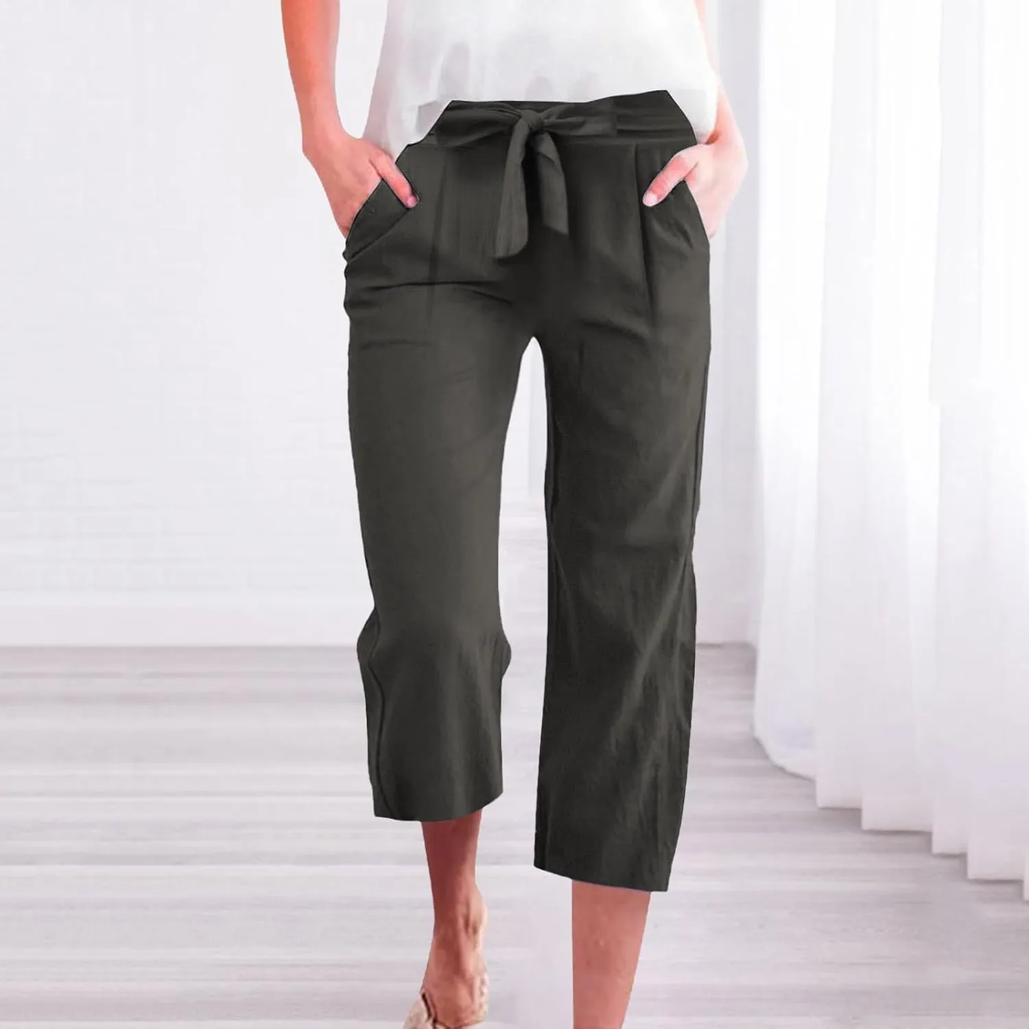 Linen Capri Pants for Women Belt Elastic Waist Plus Size Cropped Wide Leg Pants Loose Crop Beach Pants with Pockets