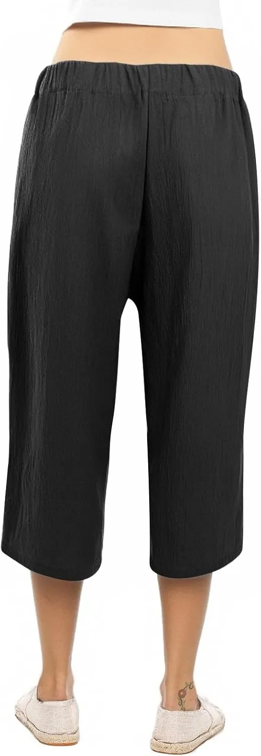 Linen Capri Pants for Women Belt Elastic Waist Plus Size Cropped Wide Leg Pants Loose Crop Beach Pants with Pockets