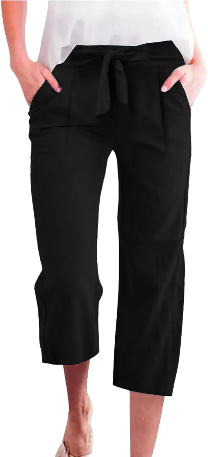 Linen Capri Pants for Women Belt Elastic Waist Plus Size Cropped Wide Leg Pants Loose Crop Beach Pants with Pockets