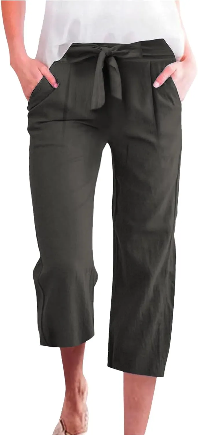 Linen Capri Pants for Women Belt Elastic Waist Plus Size Cropped Wide Leg Pants Loose Crop Beach Pants with Pockets