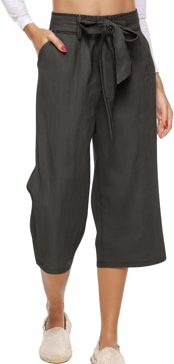 Linen Capri Pants for Women Belt Elastic Waist Plus Size Cropped Wide Leg Pants Loose Crop Beach Pants with Pockets