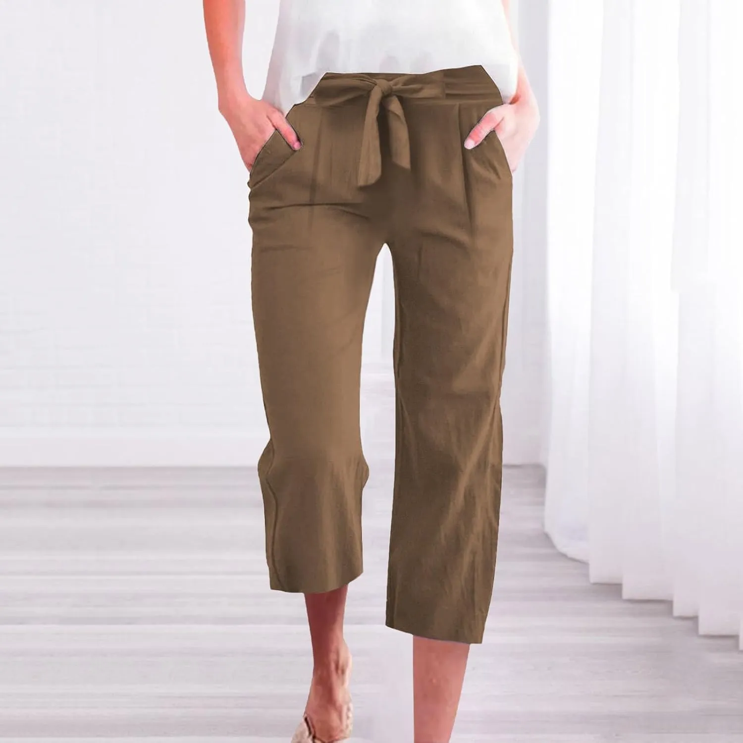Linen Capri Pants for Women Belt Elastic Waist Plus Size Cropped Wide Leg Pants Loose Crop Beach Pants with Pockets