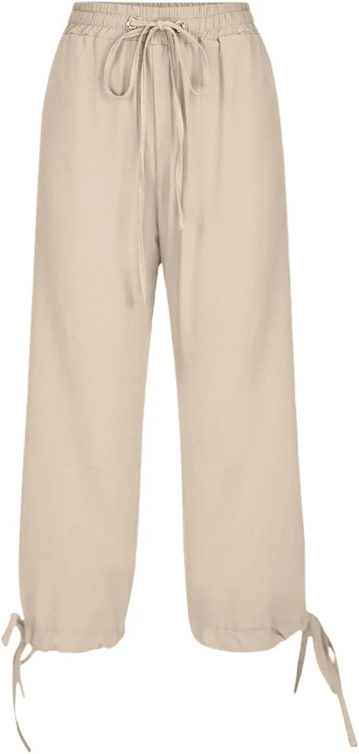 Linen Pants Women- Drawstring with Pockets Striped Loose Baggy Travel Trendy Light Weight Stretch Jogging Workout