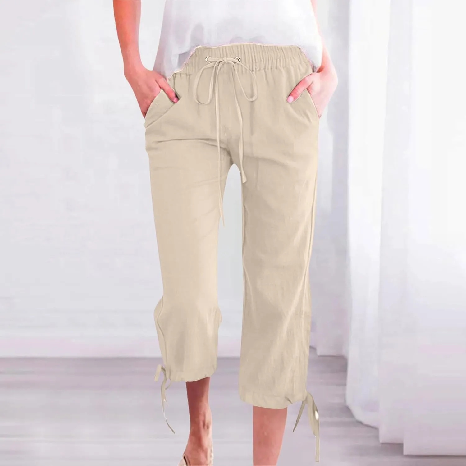 Linen Pants Women- Drawstring with Pockets Striped Loose Baggy Travel Trendy Light Weight Stretch Jogging Workout
