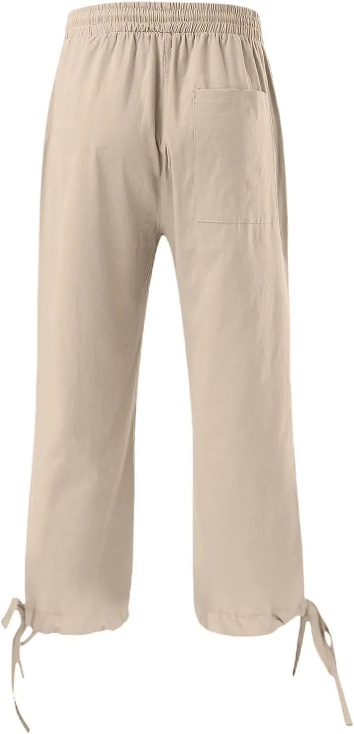 Linen Pants Women- Drawstring with Pockets Striped Loose Baggy Travel Trendy Light Weight Stretch Jogging Workout