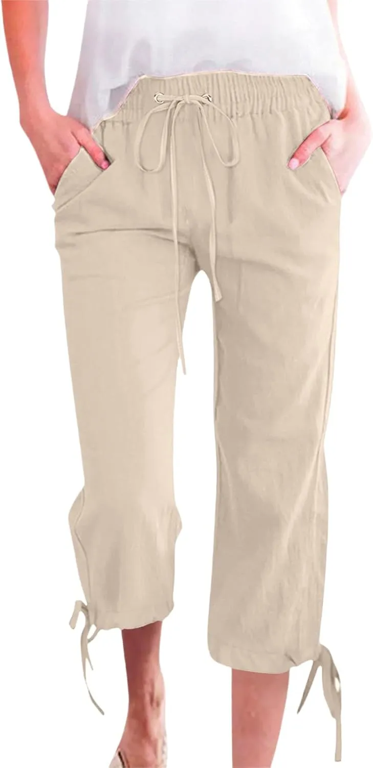 Linen Pants Women- Drawstring with Pockets Striped Loose Baggy Travel Trendy Light Weight Stretch Jogging Workout