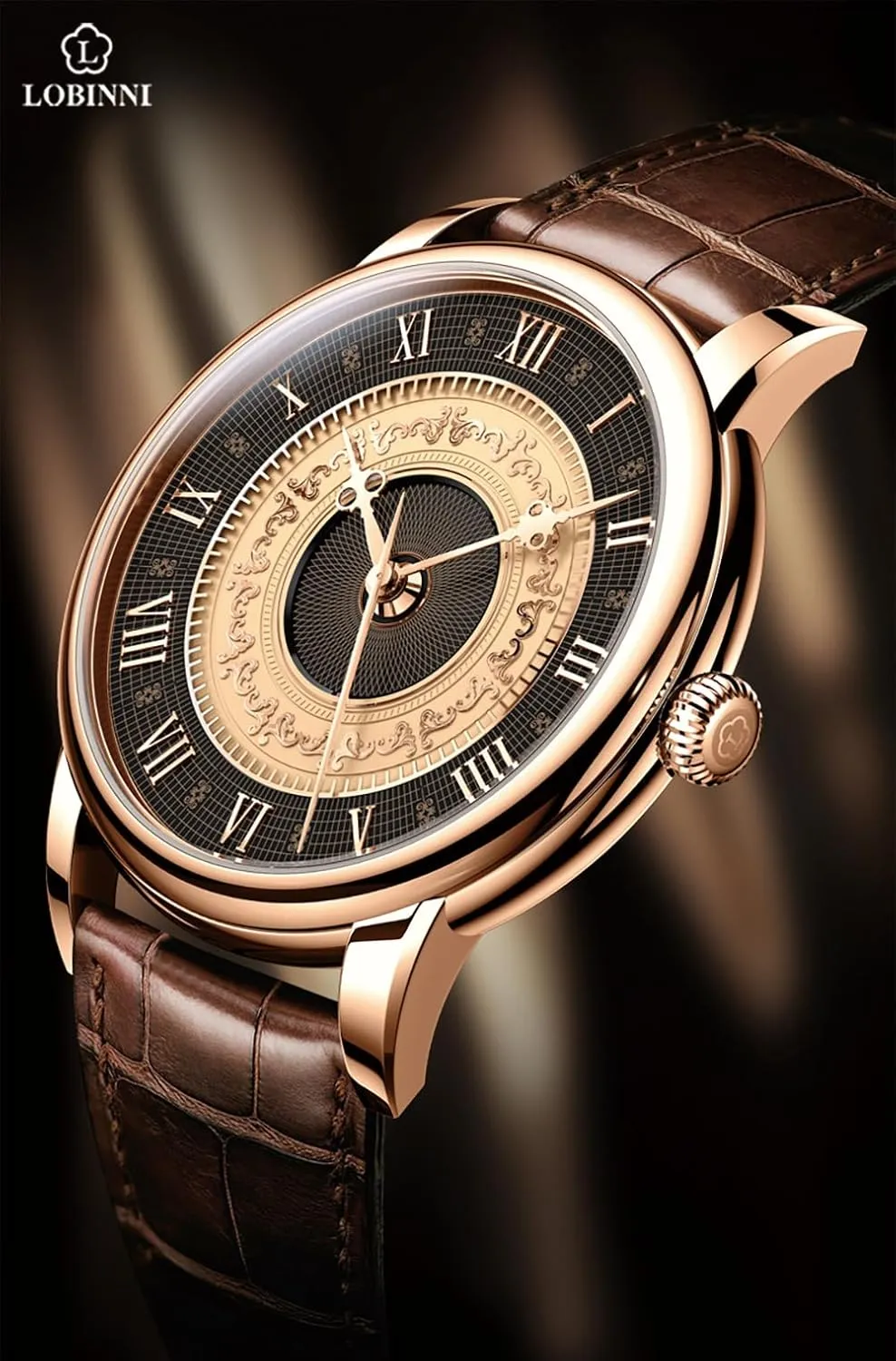 LOBINNI Men's Automatic Mechanical Watch,Vintage Roman Numeral Engraved Dial,Sapphire Crystal,Leather Strap, Water Resistant,Business Watches for Man,Dress Luxury Gift for Men