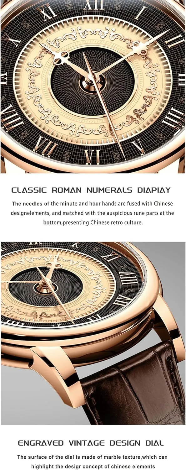 LOBINNI Men's Automatic Mechanical Watch,Vintage Roman Numeral Engraved Dial,Sapphire Crystal,Leather Strap, Water Resistant,Business Watches for Man,Dress Luxury Gift for Men