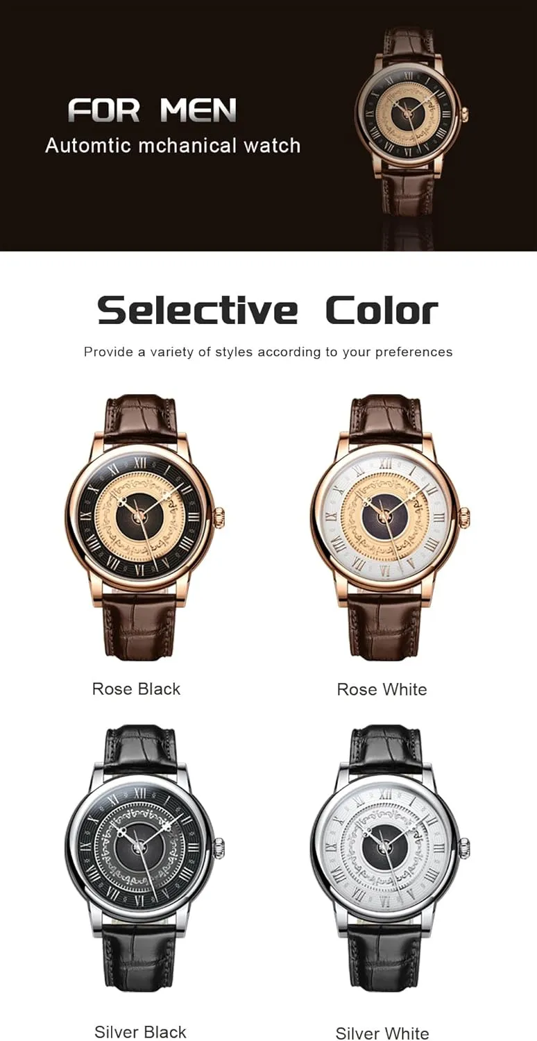 LOBINNI Men's Automatic Mechanical Watch,Vintage Roman Numeral Engraved Dial,Sapphire Crystal,Leather Strap, Water Resistant,Business Watches for Man,Dress Luxury Gift for Men