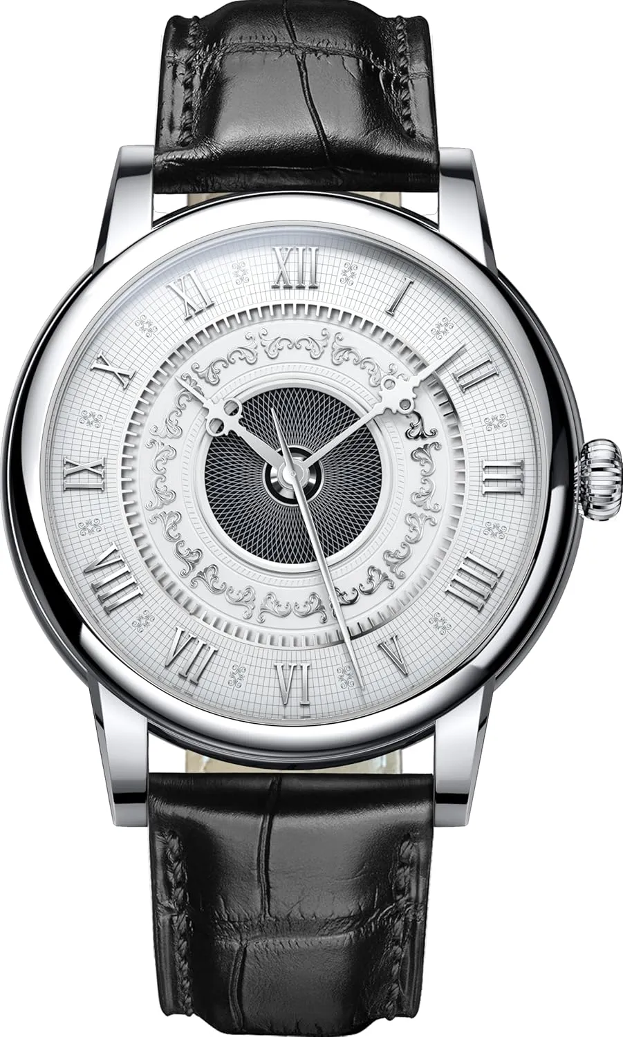 LOBINNI Men's Automatic Mechanical Watch,Vintage Roman Numeral Engraved Dial,Sapphire Crystal,Leather Strap, Water Resistant,Business Watches for Man,Dress Luxury Gift for Men
