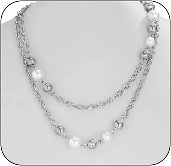 Long Gold Layering Necklaces for Women Fashion Pearls Two Tone Choker Statement Necklace Trendy Large Round Beads Jewelry Link Chain Accessories Gifts