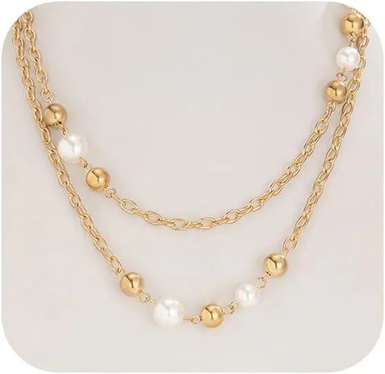 Long Gold Layering Necklaces for Women Fashion Pearls Two Tone Choker Statement Necklace Trendy Large Round Beads Jewelry Link Chain Accessories Gifts