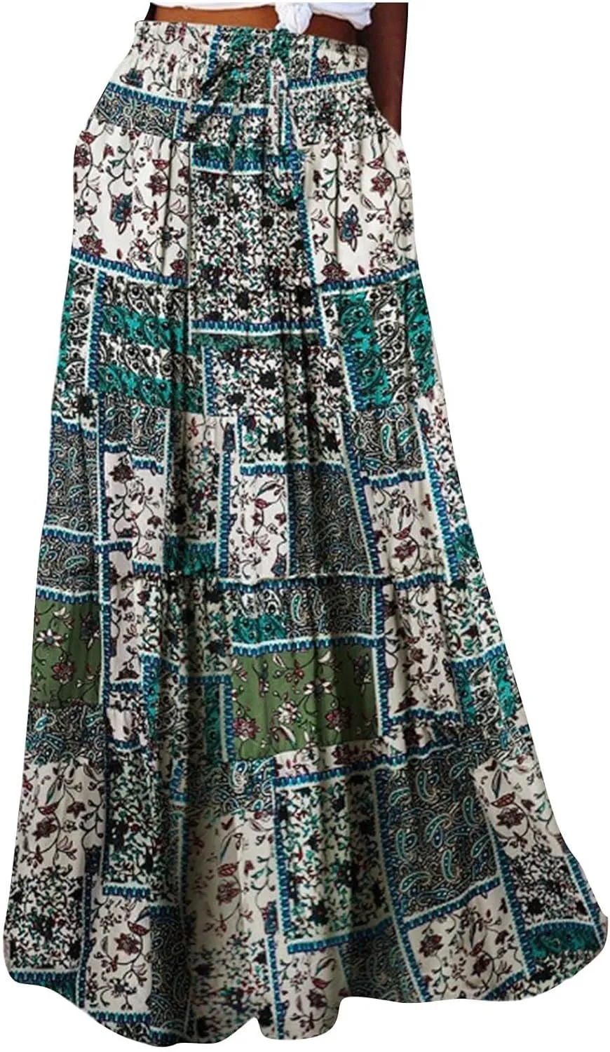 Long Skirts for Women High Waisted Ruffle Maxi Skirt Flowy Floral Boho Skirt A Line Tiered Skirt Summer Pleated Skirt
