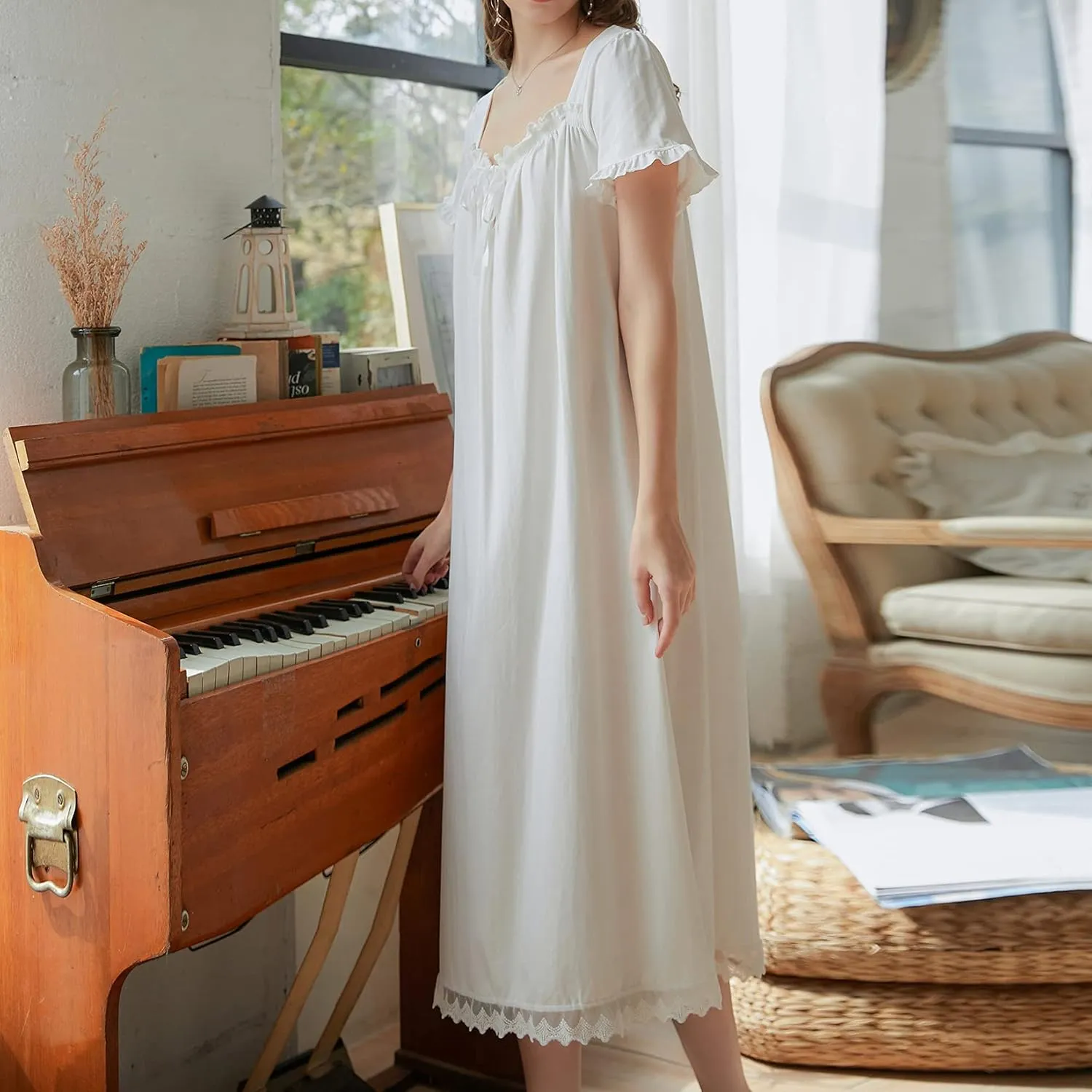 Lu's Chic Women's Victorian Nightgown Princess Cotton Sleepwear Short Sleeve Loungewear