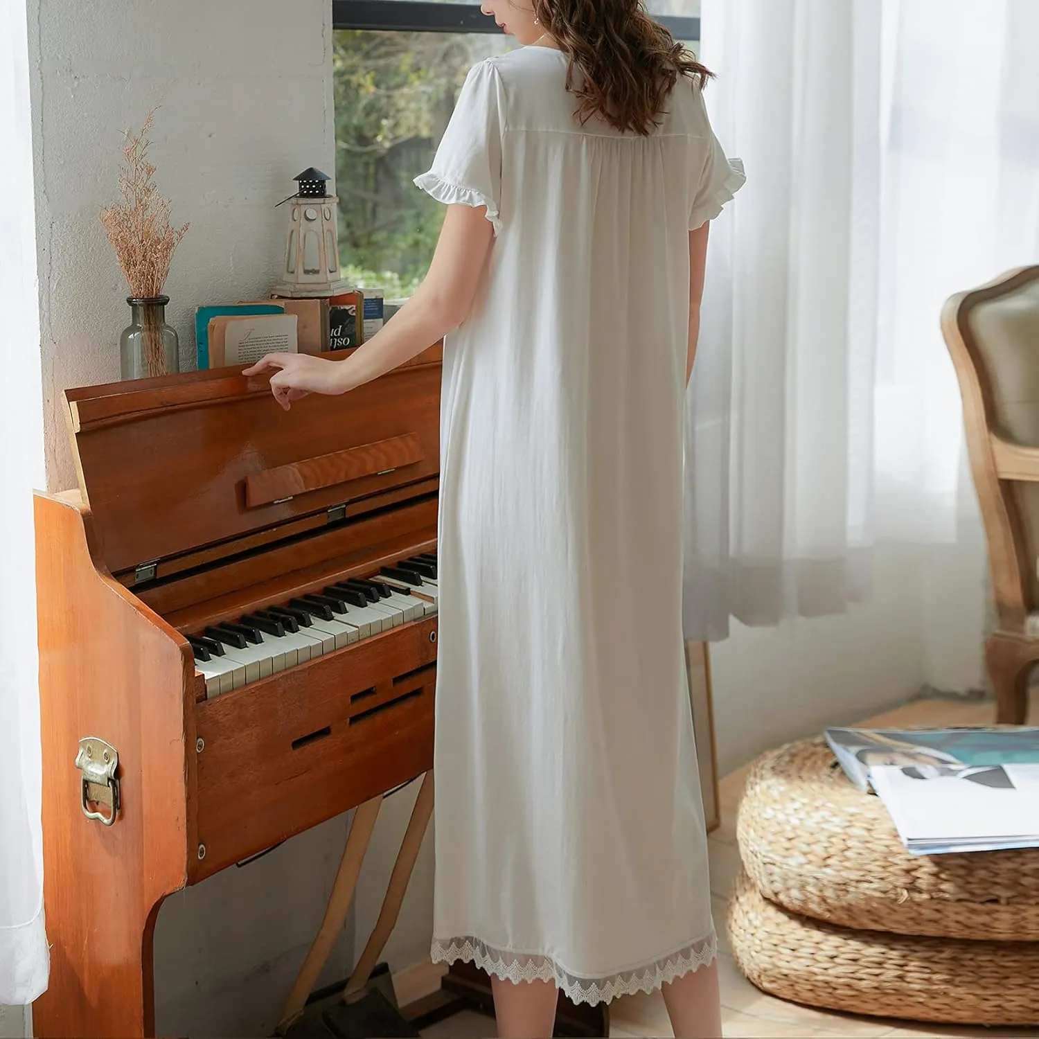 Lu's Chic Women's Victorian Nightgown Princess Cotton Sleepwear Short Sleeve Loungewear