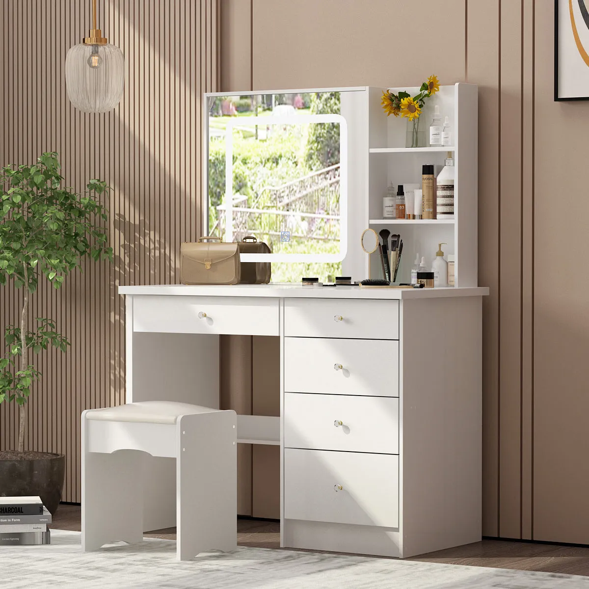 Makeup Vanity Set with Sliding Lighted Mirror, Cushioned Stool, 5 Drawers & Shelves