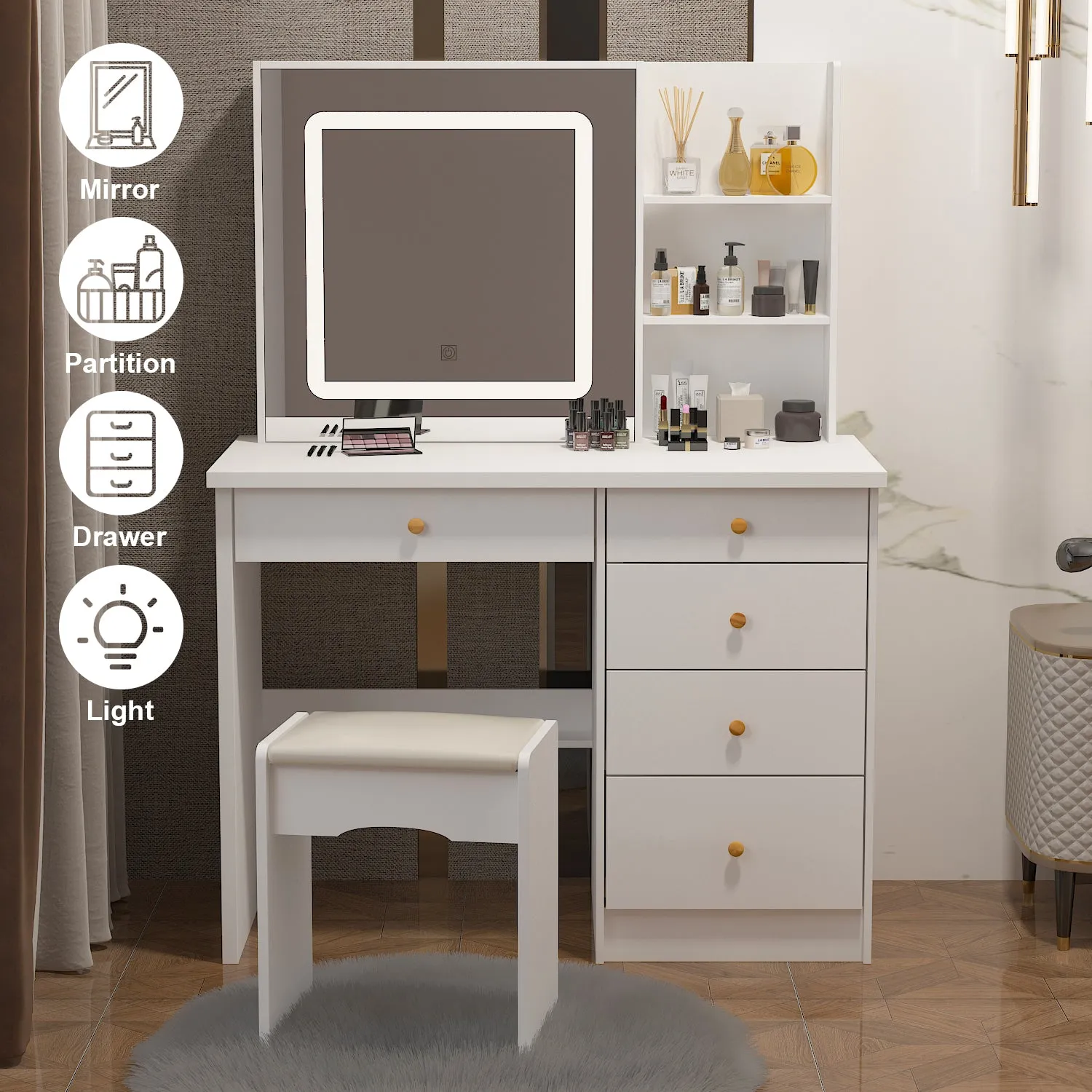 Makeup Vanity Set with Sliding Lighted Mirror, Cushioned Stool, 5 Drawers & Shelves