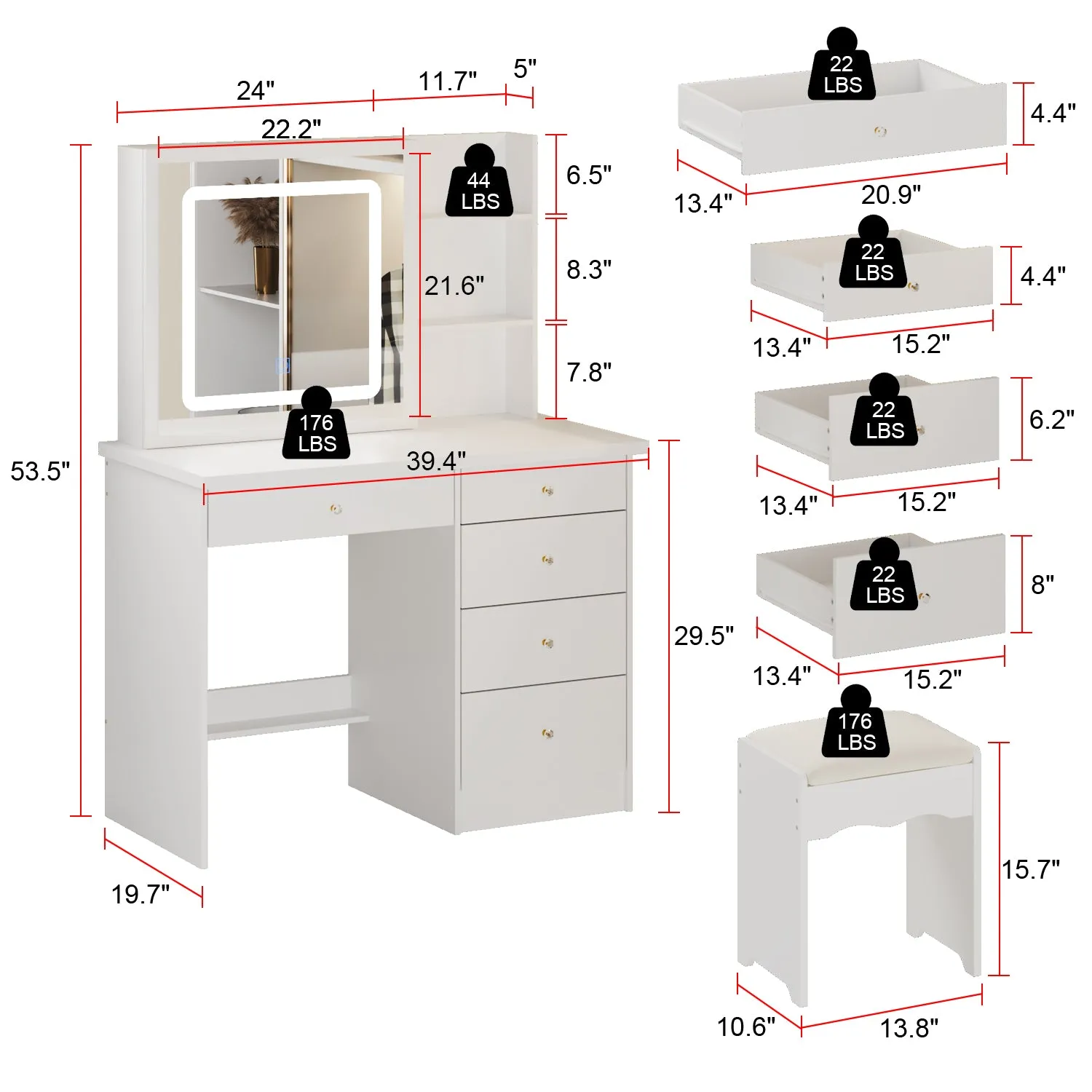 Makeup Vanity Set with Sliding Lighted Mirror, Cushioned Stool, 5 Drawers & Shelves