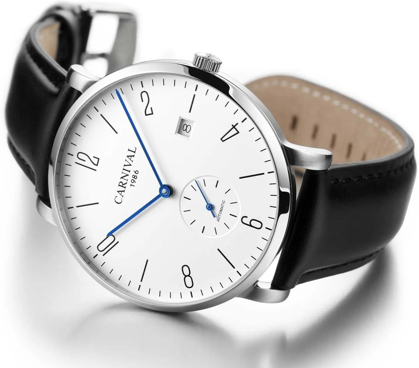 MASTOP Mens Ultra-Thin White Dial Watches Leather Strap Fashion Waterproof High End Automatic Mechanical Watch