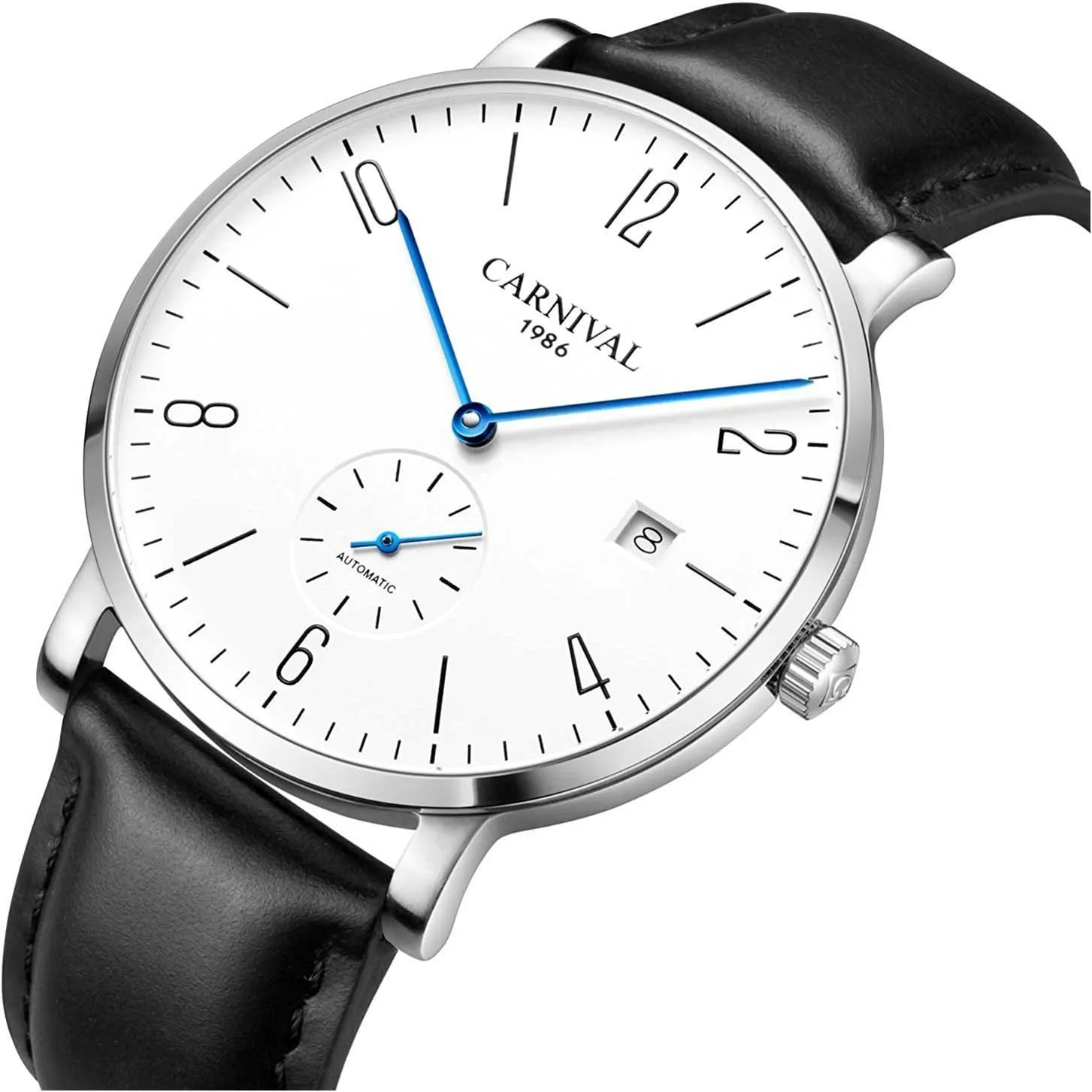 MASTOP Mens Ultra-Thin White Dial Watches Leather Strap Fashion Waterproof High End Automatic Mechanical Watch