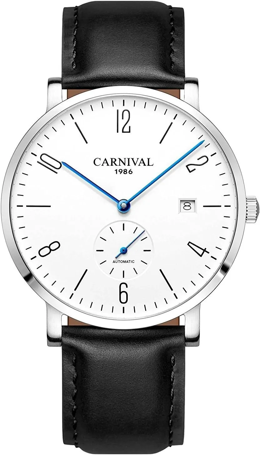 MASTOP Mens Ultra-Thin White Dial Watches Leather Strap Fashion Waterproof High End Automatic Mechanical Watch
