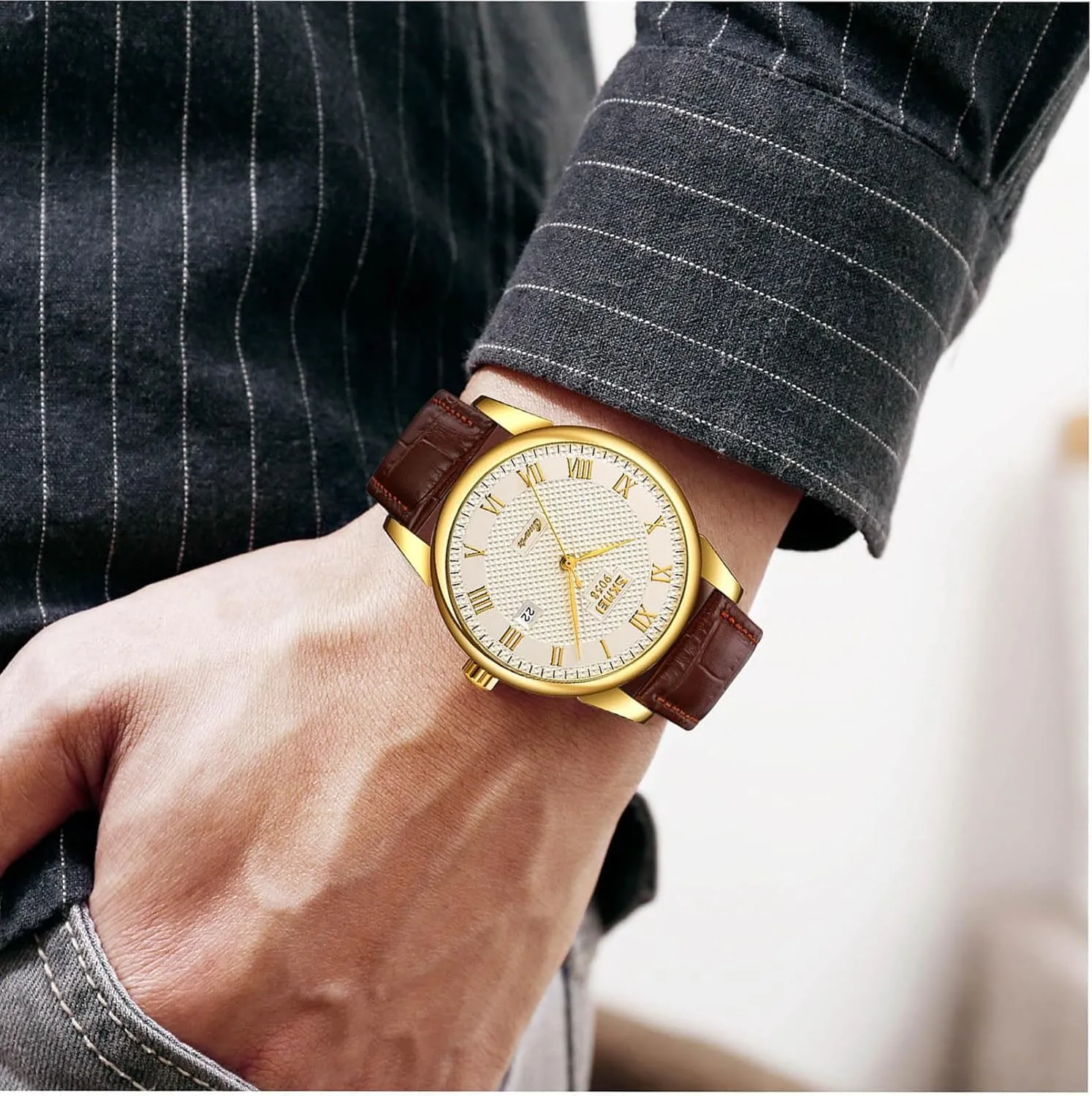 MASTOP Mens Womens Quartz Watch Roman Numeral Business Casual Fashion Analog Wrist Watch Classic Calendar Date Window 30M Waterproof Comfortable Leather Watches