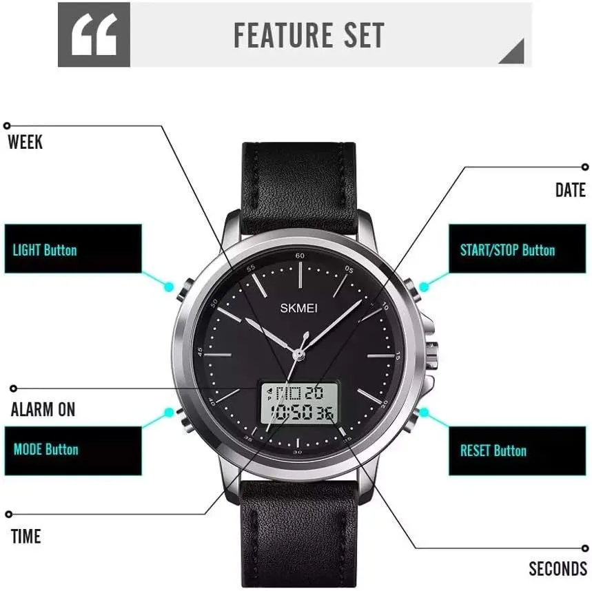 MASTOPQuartz Dual Movement Men's Watch Vintage Leather Waterproof Military Led Backlight Analog Business Dress Watches