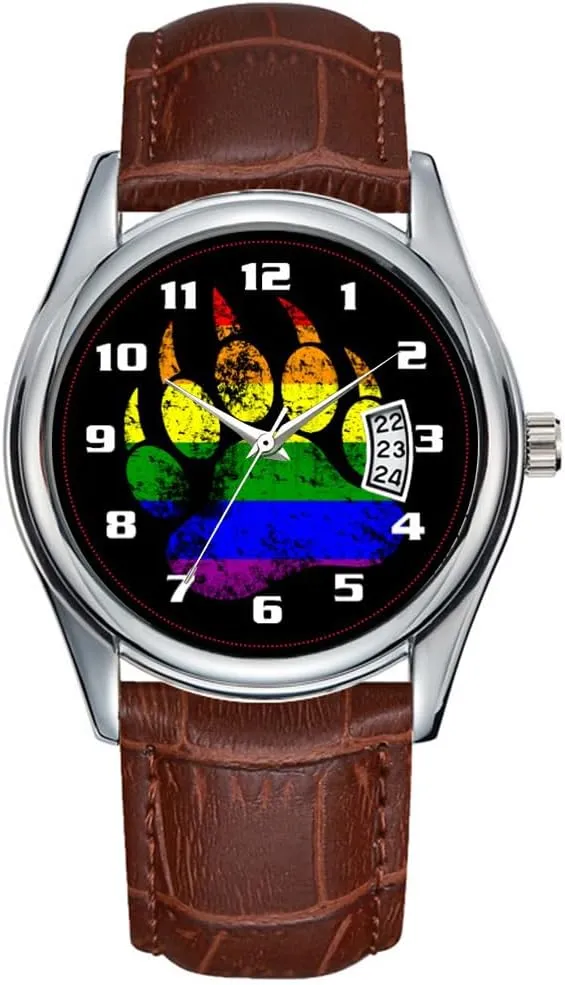 Men Watch Casual Waterproof Quartz Watches Clock Date Classic Business Brown Leather Christmas Wristwatch Gay Bear Pride Distressed Rainbow Flag Bear Paw Wrist Watch
