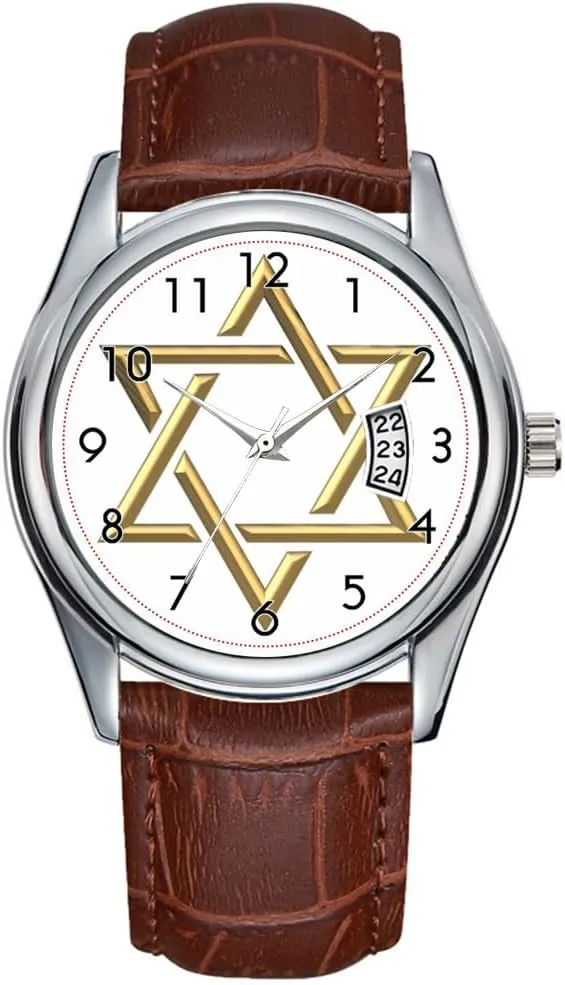 Men Watch Casual Waterproof Quartz Watches Clock Date Classic Business Brown Leather Christmas Wristwatch Golden Star of David Watch