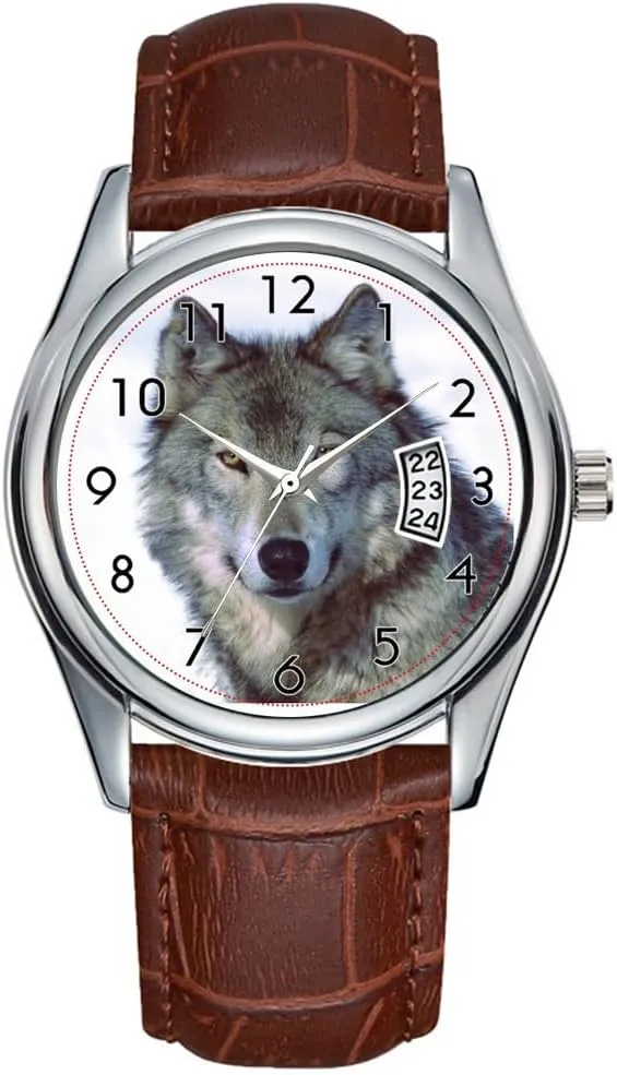 Men Watch Casual Waterproof Quartz Watches Clock Date Classic Business Brown Leather Christmas Wristwatch Wolf Wristwatch