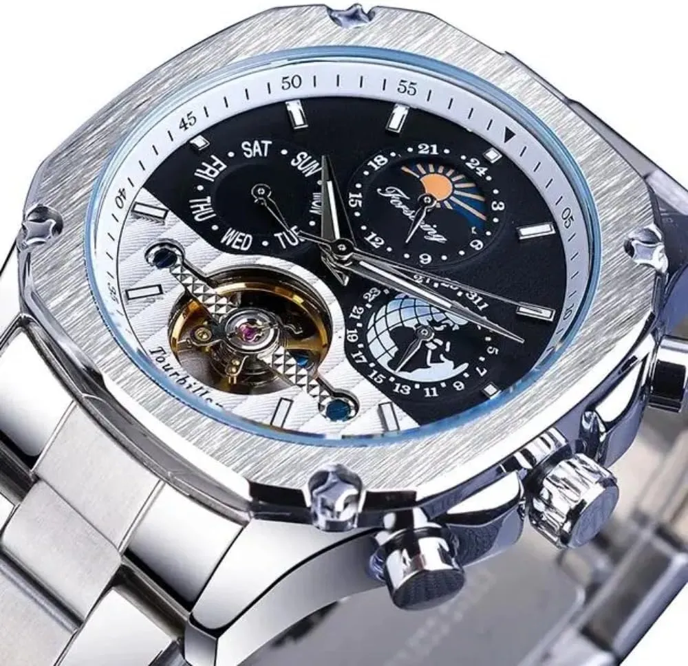 Mens Automatic Mechanical Watches Super Grand Moonphase Hollow Tourbillon Watch Earth Date Week Display Rose Gold Stainless Steel Wristwatch