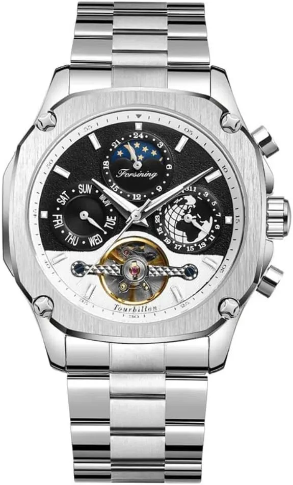 Mens Automatic Mechanical Watches Super Grand Moonphase Hollow Tourbillon Watch Earth Date Week Display Rose Gold Stainless Steel Wristwatch
