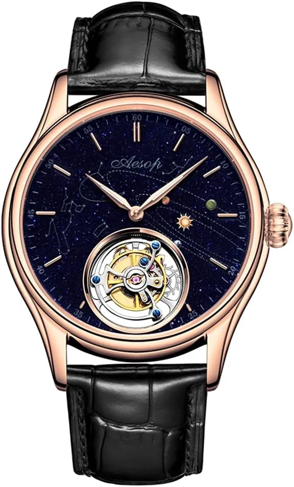 Men's Genuine Mechanical Hand-Wind Tourbillon Starry Sky Luminous Wrist Watch Business Dress Watches Leather Strap (Rose Gold), 7025G