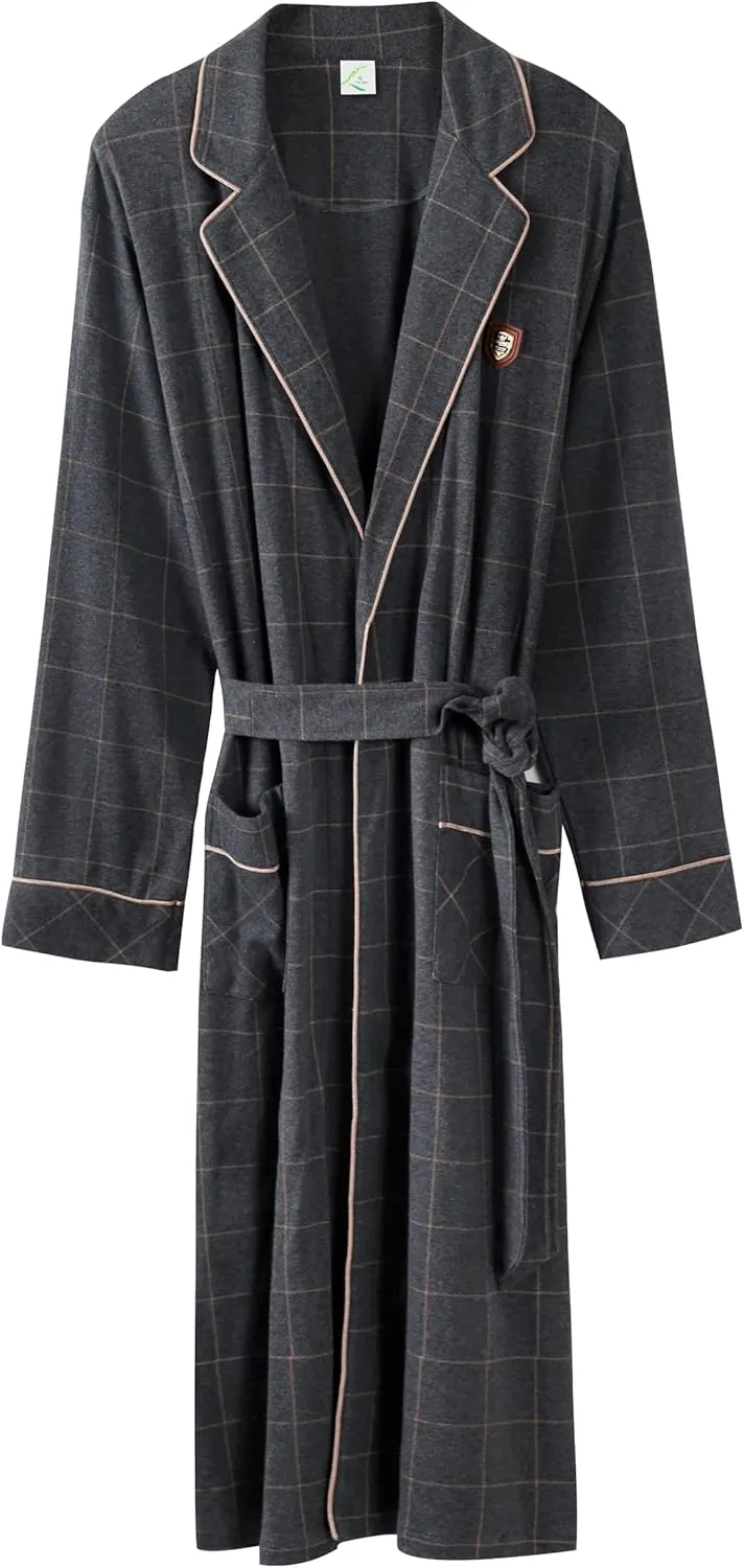 Men's Robe Cotton Plaid Bathrobes Lightweight Loungewear Sleepwear Nightwear