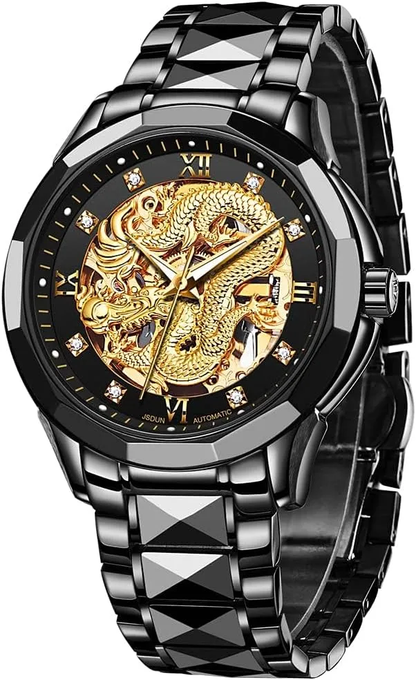 Men's Watch Automatic Mechanical Hollow Dragon Watch Luxury Formal Gold Diamond 50M Waterproof Tungsten Steel Luminous Watch