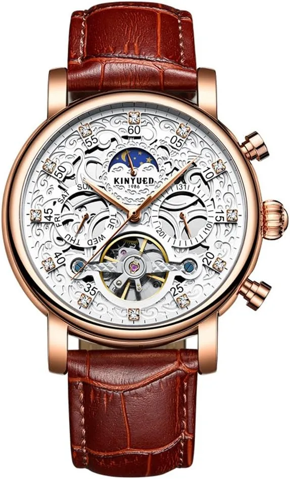 Men's Watches Tourbillon Hollow Dial Automatic Mechanical Business Series Waterproof Leather Strap Watch (Rose Red)