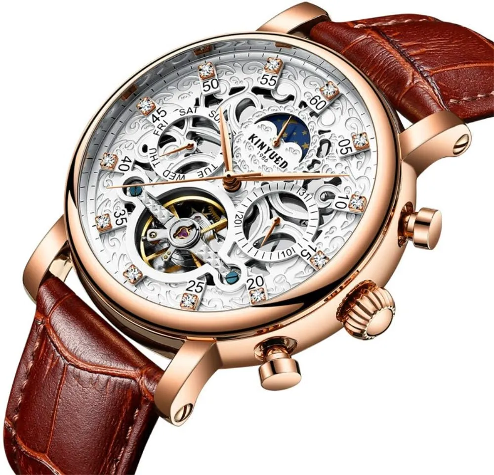 Men's Watches Tourbillon Hollow Dial Automatic Mechanical Business Series Waterproof Leather Strap Watch (Rose White)