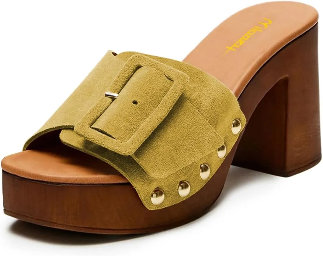 Milooey shoes Women's Open Round Toe Studded Platform Mules Chunkly Block High Heel Slippers Buckle Slip On Sandals Indoor Outdoor Daily Causal Slide Shoe Size 4-16 US
