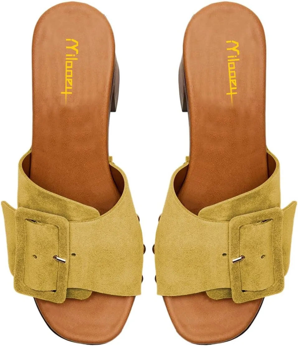 Milooey shoes Women's Open Round Toe Studded Platform Mules Chunkly Block High Heel Slippers Buckle Slip On Sandals Indoor Outdoor Daily Causal Slide Shoe Size 4-16 US