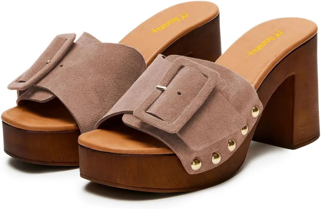 Milooey shoes Women's Open Round Toe Studded Platform Mules Chunkly Block High Heel Slippers Buckle Slip On Sandals Indoor Outdoor Daily Causal Slide Shoe Size 4-16 US