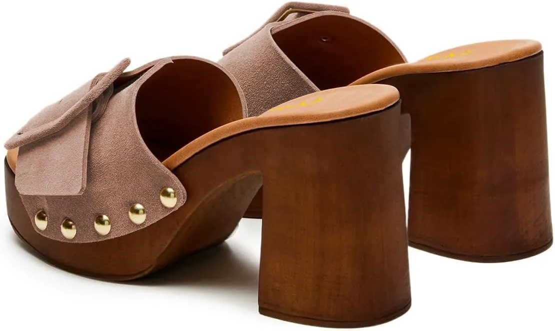 Milooey shoes Women's Open Round Toe Studded Platform Mules Chunkly Block High Heel Slippers Buckle Slip On Sandals Indoor Outdoor Daily Causal Slide Shoe Size 4-16 US