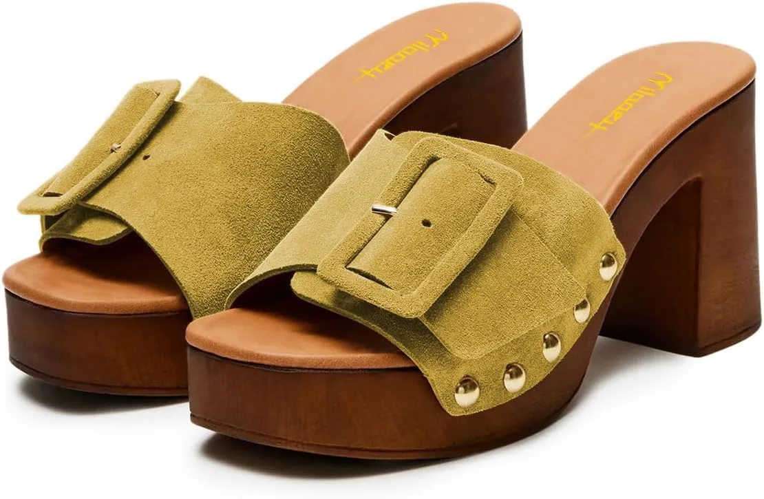 Milooey shoes Women's Open Round Toe Studded Platform Mules Chunkly Block High Heel Slippers Buckle Slip On Sandals Indoor Outdoor Daily Causal Slide Shoe Size 4-16 US