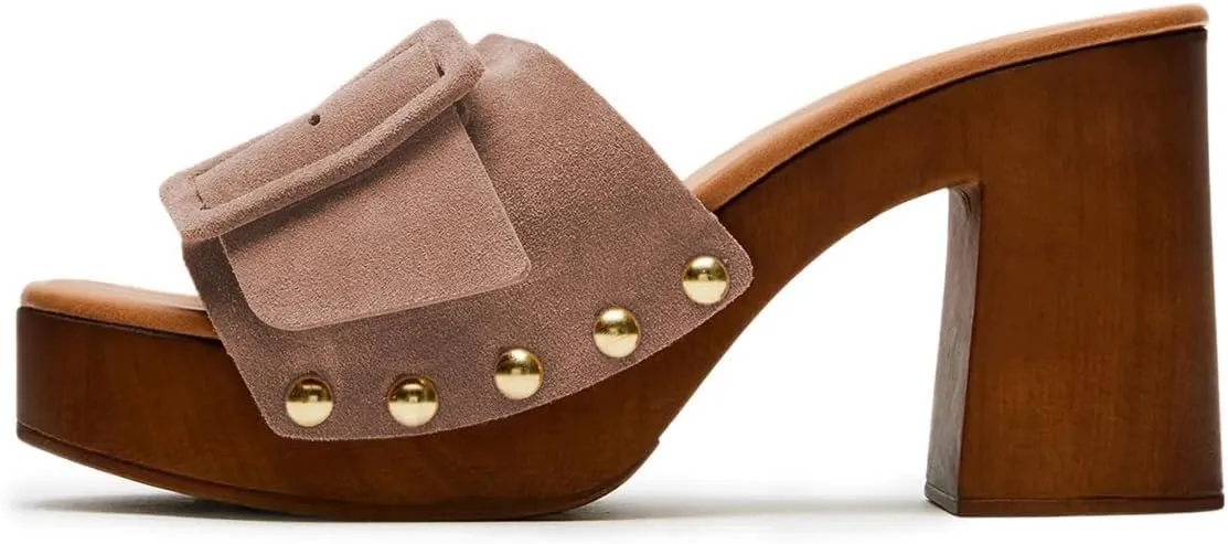 Milooey shoes Women's Open Round Toe Studded Platform Mules Chunkly Block High Heel Slippers Buckle Slip On Sandals Indoor Outdoor Daily Causal Slide Shoe Size 4-16 US