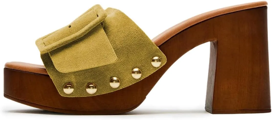 Milooey shoes Women's Open Round Toe Studded Platform Mules Chunkly Block High Heel Slippers Buckle Slip On Sandals Indoor Outdoor Daily Causal Slide Shoe Size 4-16 US