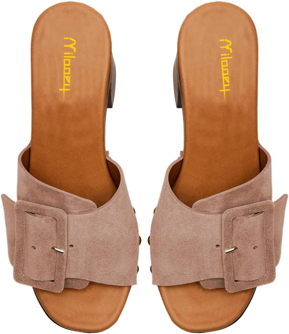 Milooey shoes Women's Open Round Toe Studded Platform Mules Chunkly Block High Heel Slippers Buckle Slip On Sandals Indoor Outdoor Daily Causal Slide Shoe Size 4-16 US