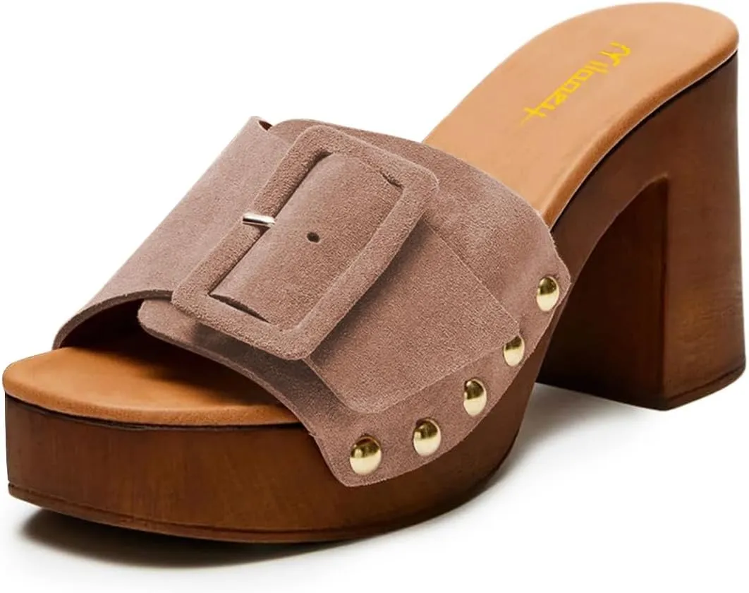 Milooey shoes Women's Open Round Toe Studded Platform Mules Chunkly Block High Heel Slippers Buckle Slip On Sandals Indoor Outdoor Daily Causal Slide Shoe Size 4-16 US